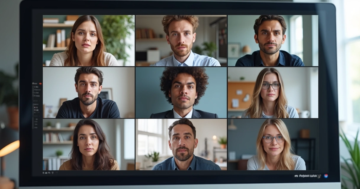 Equipe participando de reunião online, diversas pessoas em telas mostrando expressões atentas 