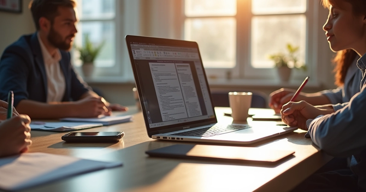 Mesa com notebook e pessoas colaborando em reunião online
