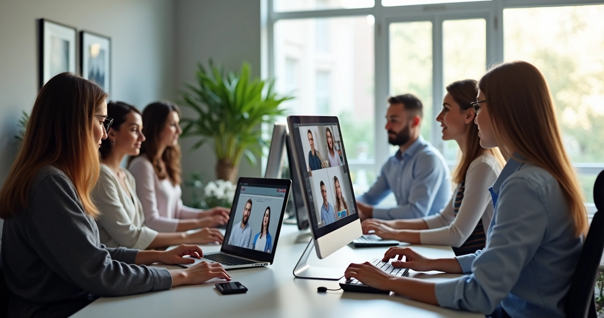 Pessoas em reunião online focadas na tela do computador