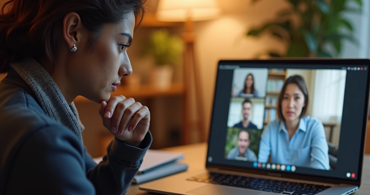 Pessoa em reunião online fazendo pausa antes de falar