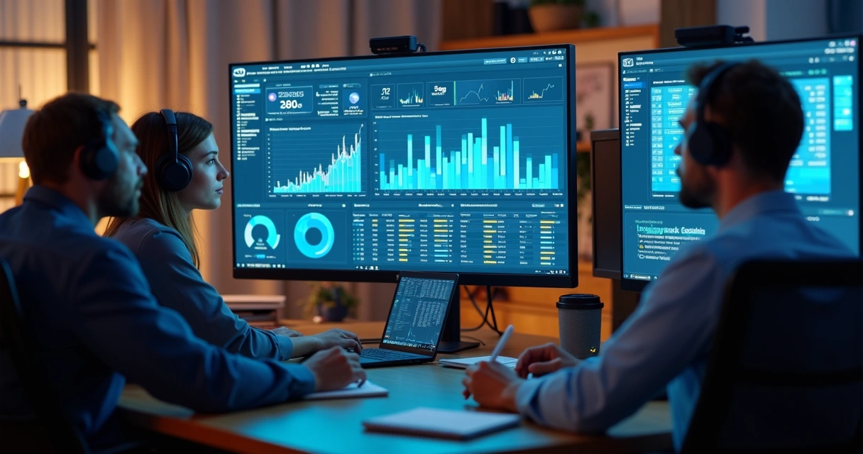 Videoconferência de equipe de marketing com gráficos na tela 