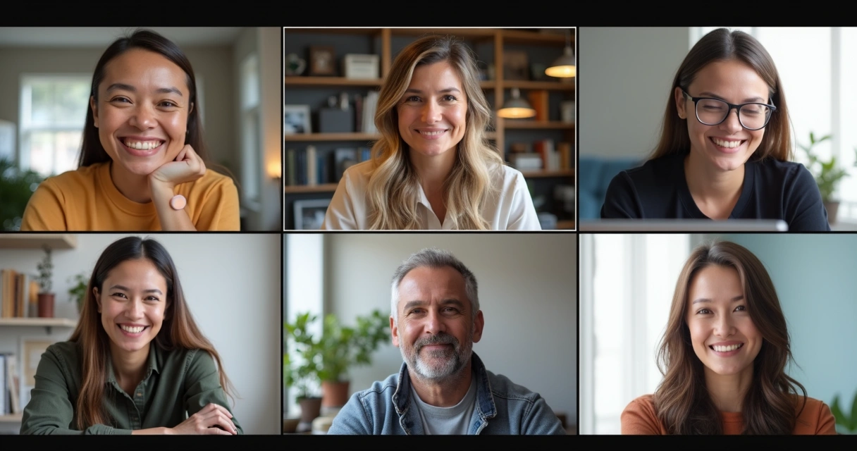 Equipe reunida em chamada de vídeo, pessoas sorrindo, ambiente acolhedor 