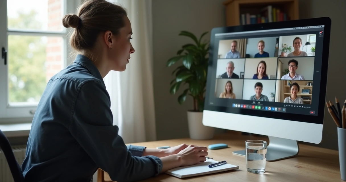 Pessoa ouvindo em reunião online com anotações na mesa 