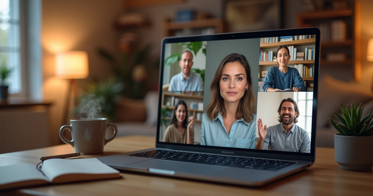 Tela de notebook mostrando reunião online com foco em mulher escutando atentamente 