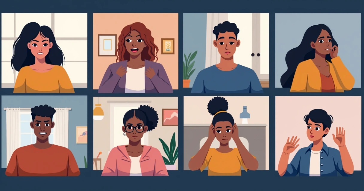 Diversas pessoas em videoconferência, algumas demonstrando desconforto enquanto outras mantêm expressões neutras 