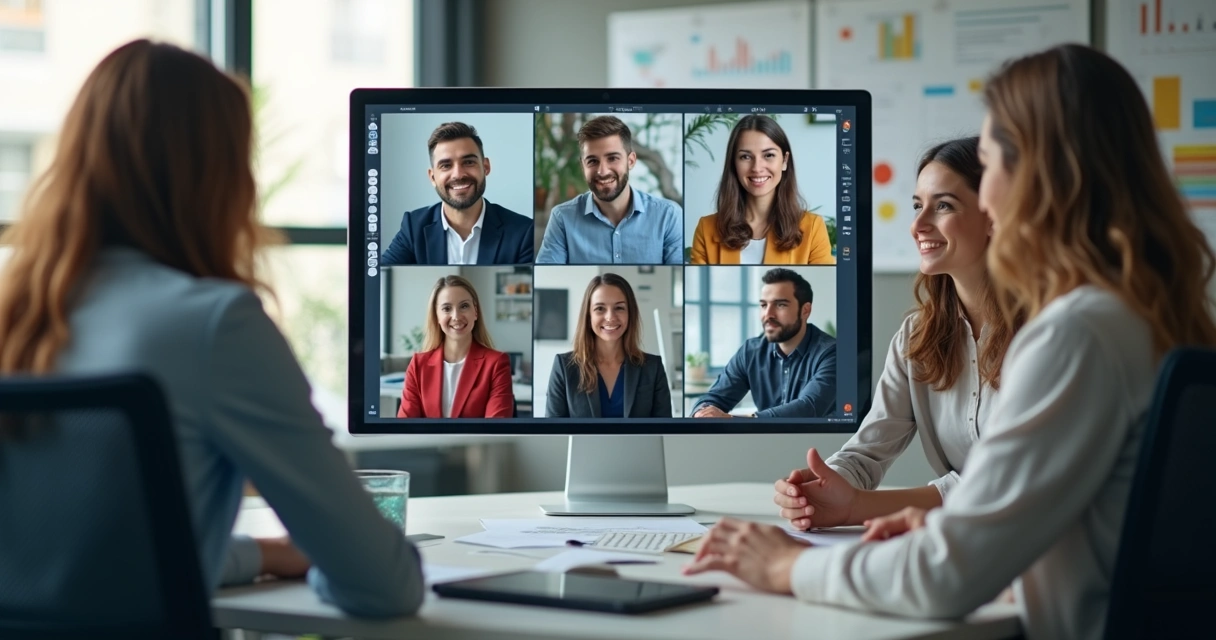 Profissionais em videoconferência discutindo aplicações de IA 