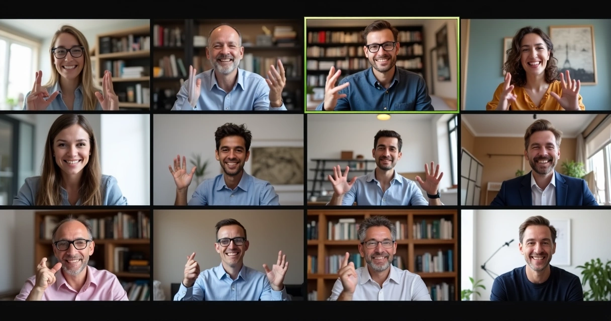 Pessoas em reunião online, gesticulando e sorrindo