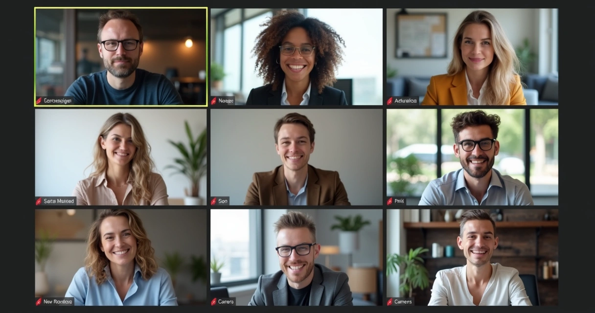 Participantes de reunião online atentos e engajados em videoconferência. 