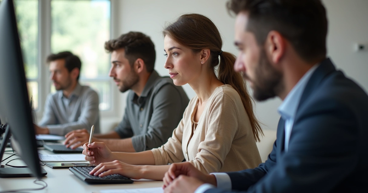 Pessoas em reunião online focadas olhando para a câmera 