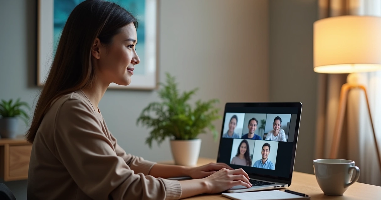 Pessoa confiante em reunião online com colegas em tela cheia ao fundo 