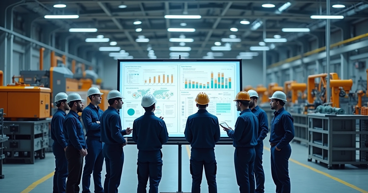 Equipe industrial reunida na planta com painéis de projeto