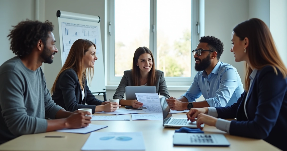 Grupo analisa documentos financeiros em uma mesa