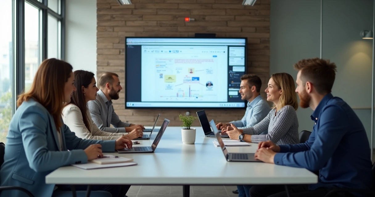 Equipe de agência digital reunida com fornecedor terceirizado na sala de reunião 