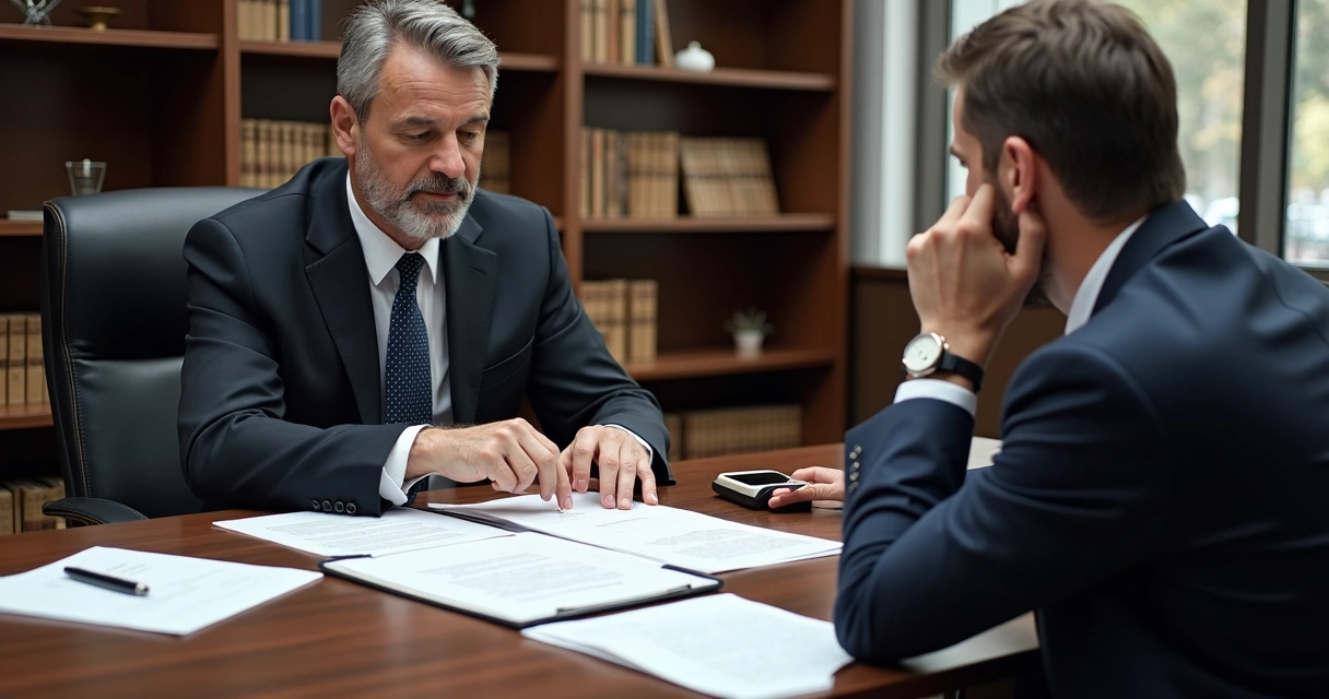 Paciente e advogado analisando documentos de saúde em uma reunião. 
