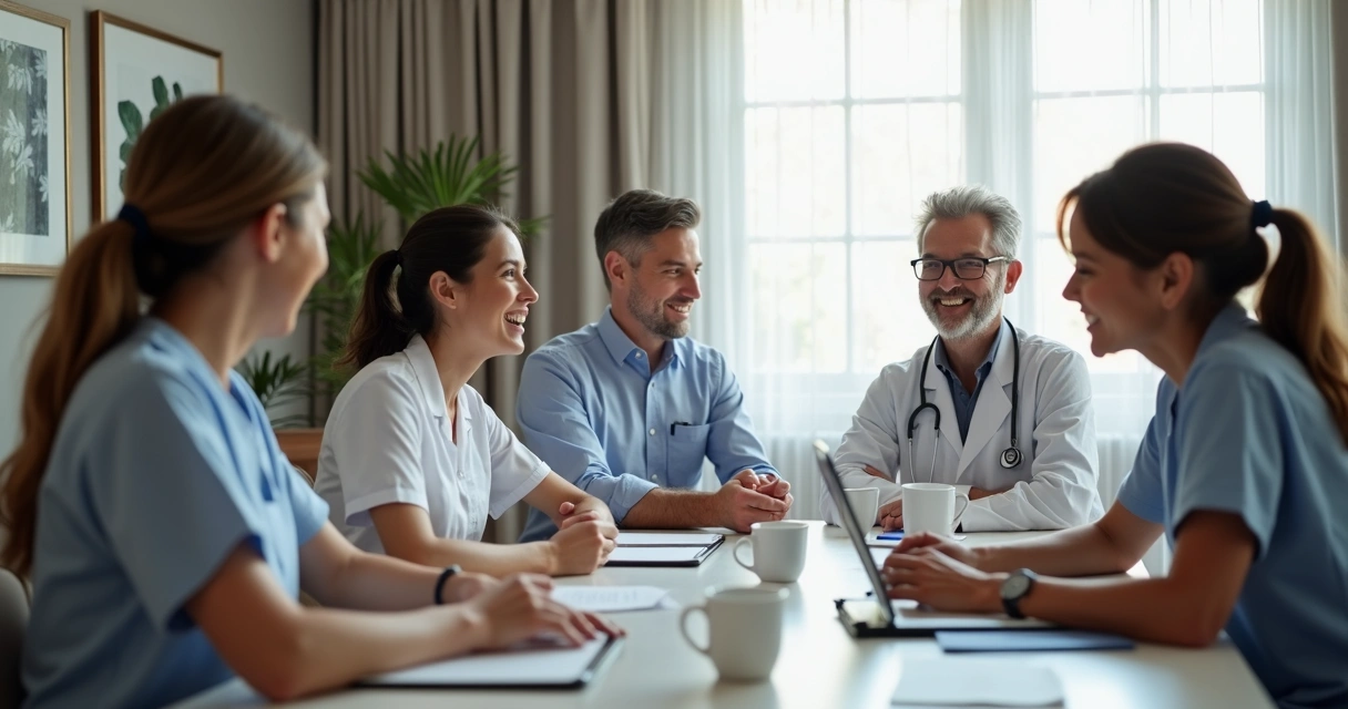Equipe de clínica médica em reunião com paciente, todos sorrindo, mostrando sucesso no relacionamento 