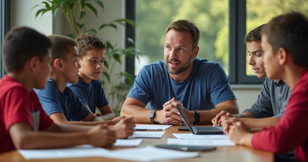 Reunião de pais e alunos em escola de futebol, mesa de conversa 