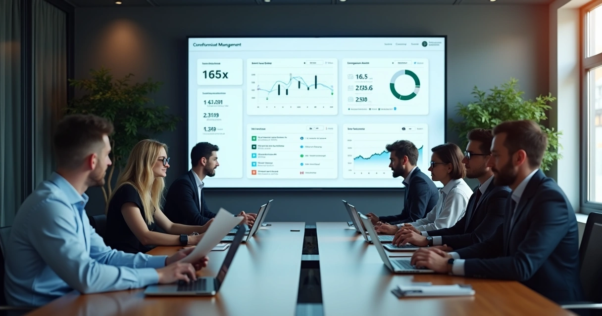 Tela digital mostrando painel de gestão condominial em uma reunião.