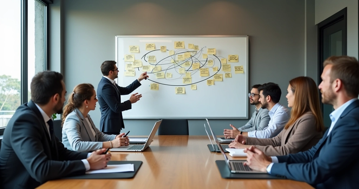 Equipe em reunião olhando organograma confuso na parede