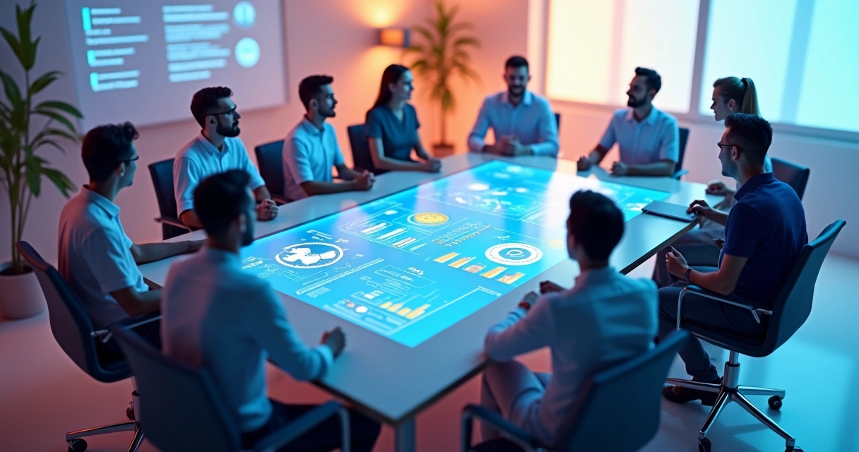Reunião entre parceiros SaaS com painéis digitais exibindo métricas 