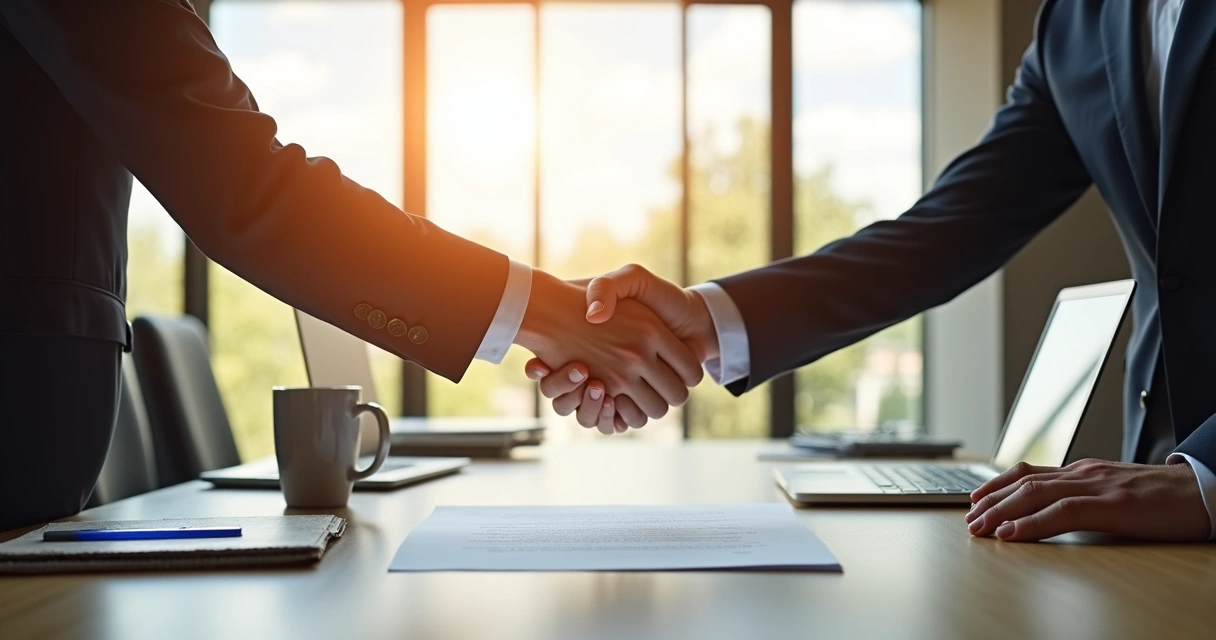 Profissionais em reunião firmando contrato B2B 