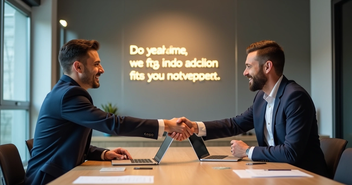 Dupla de gestores de agência digital fechando parceria com aperto de mãos, mesa de reuniões moderna ao fundo 