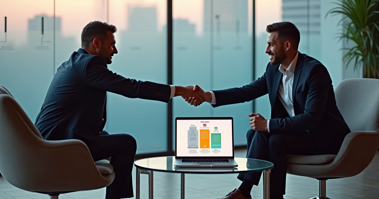 Empresários fechando parceria B2B com níveis de programa de fidelidade exibidos em tela 