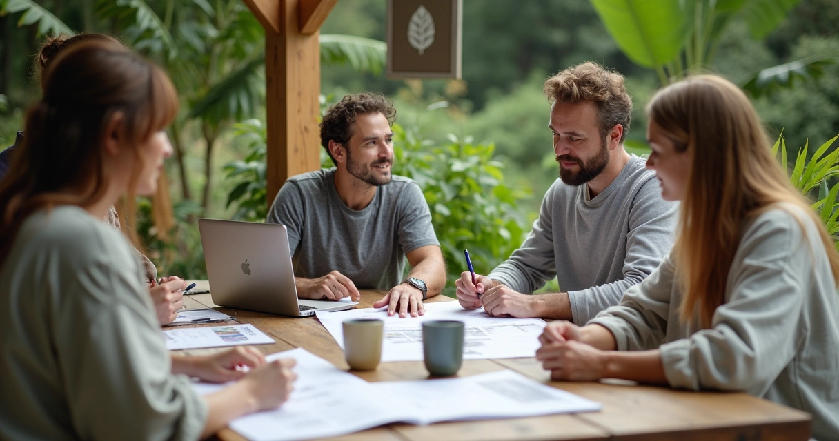 Reunião entre agência de turismo e fornecedores locais com materiais ecológicos 