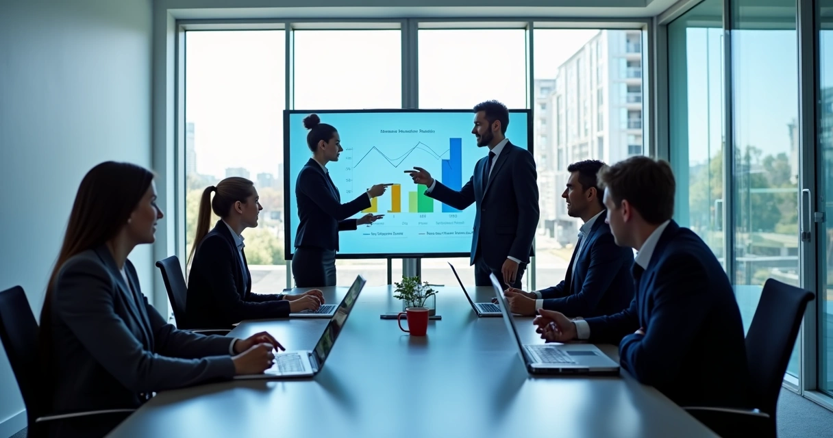 Reunião de equipe de negócios discutindo gráficos de desempenho