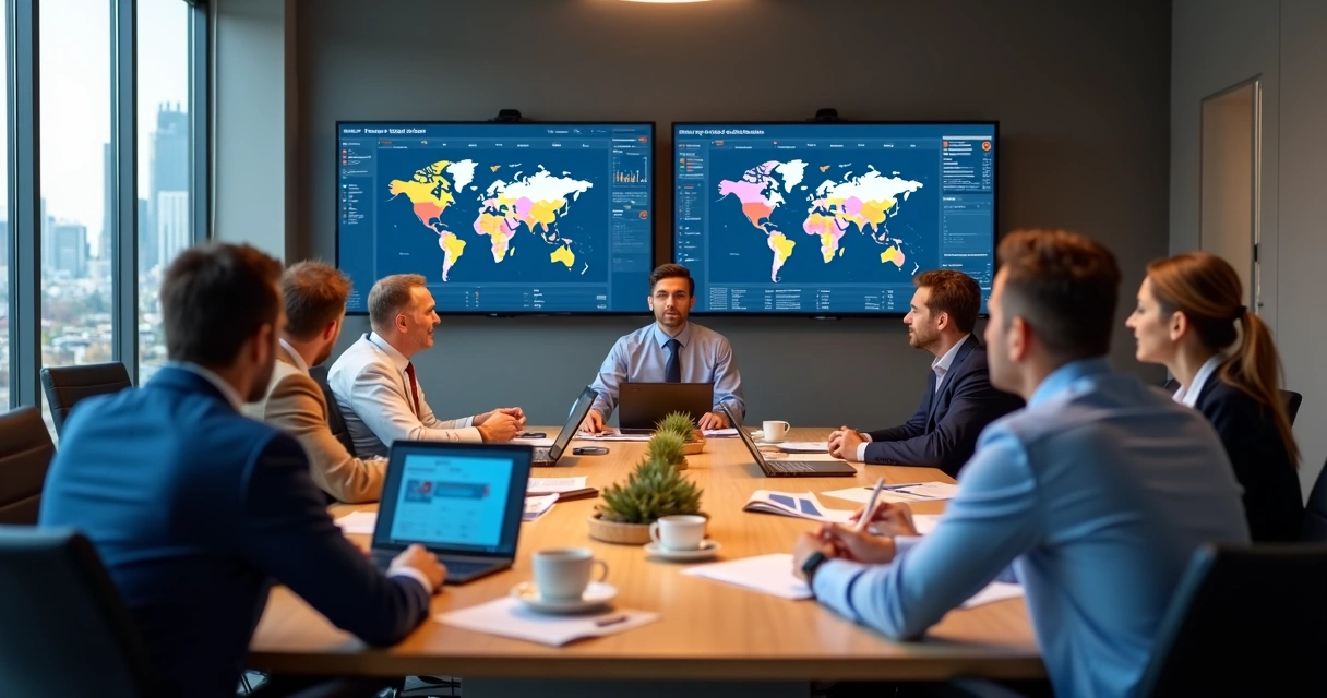 Reunião de negócios com pessoas analisando dados em duas telas 