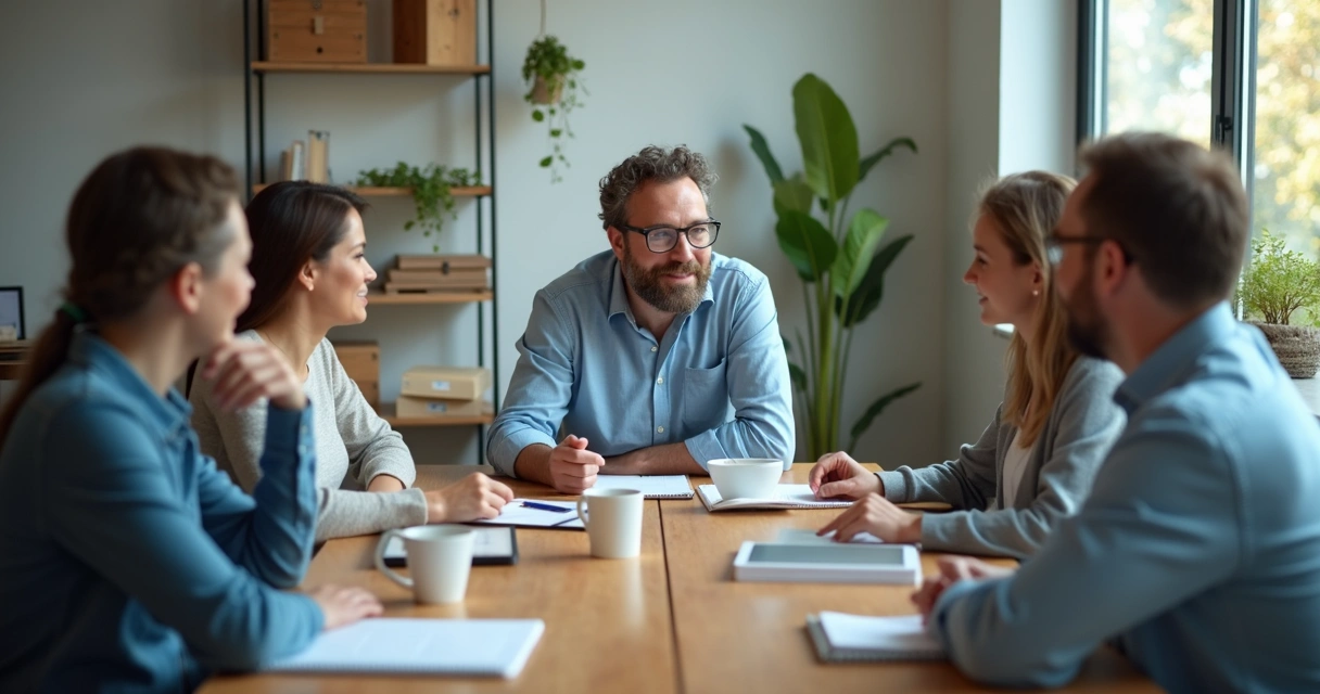 Equipe reunida em pequena empresa com conversa acolhedora