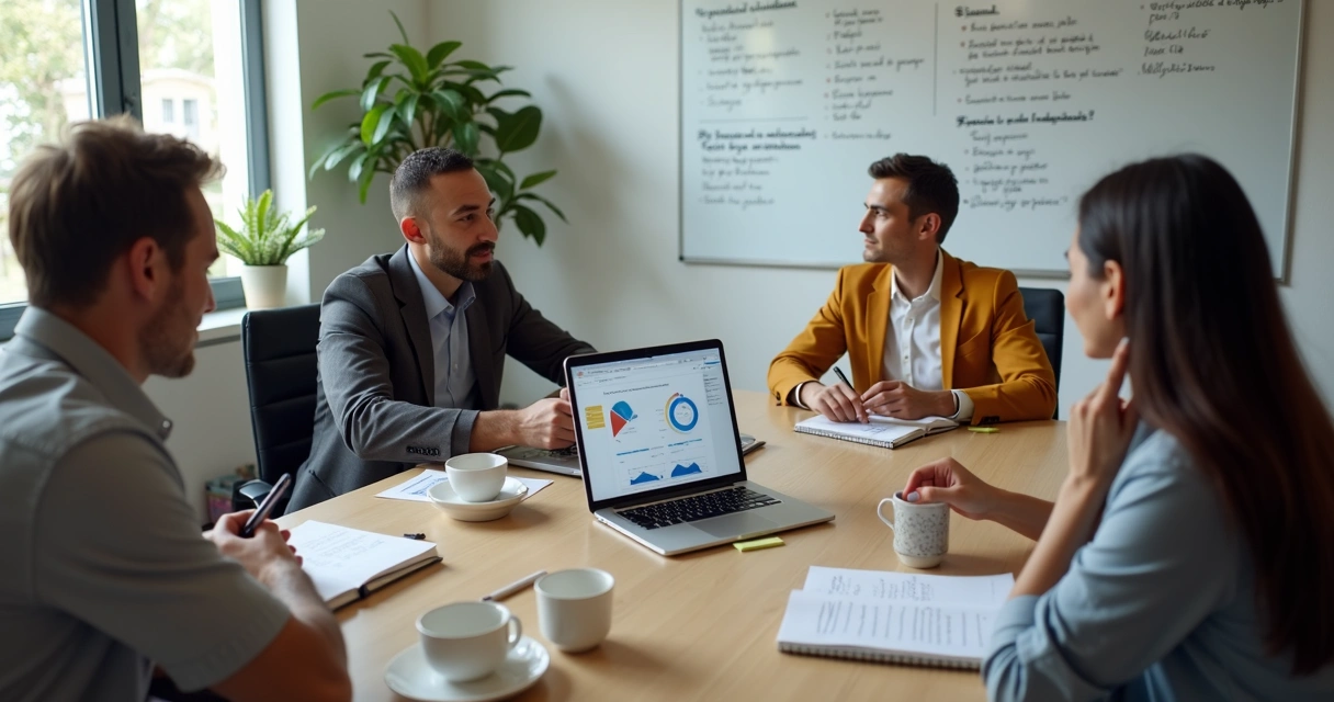 Equipe reunida em pequena empresa discutindo indicadores humanos