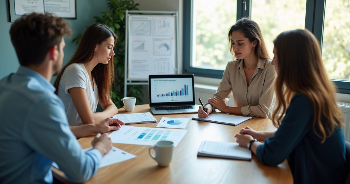 Equipe reunida em pequena empresa analisando indicadores humanos