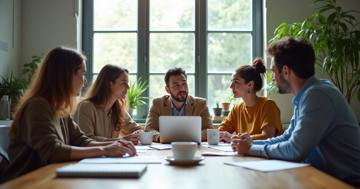 Reunião de equipe em pequena empresa tomando decisões 