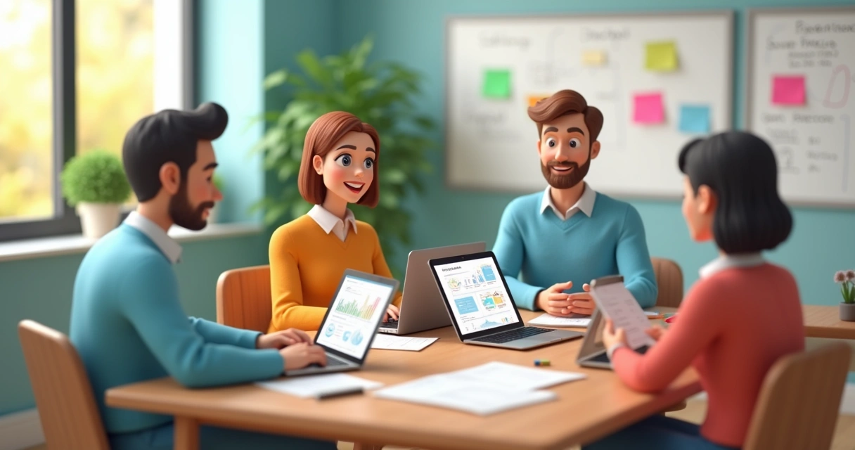 Equipe de pequena empresa reunida ao redor de uma mesa analisando informações em notebooks. 