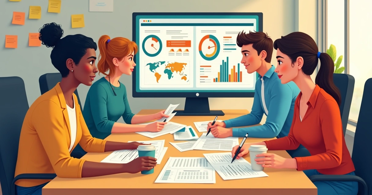 Reunião de equipe pequena analisando dados em planilhas e telas 