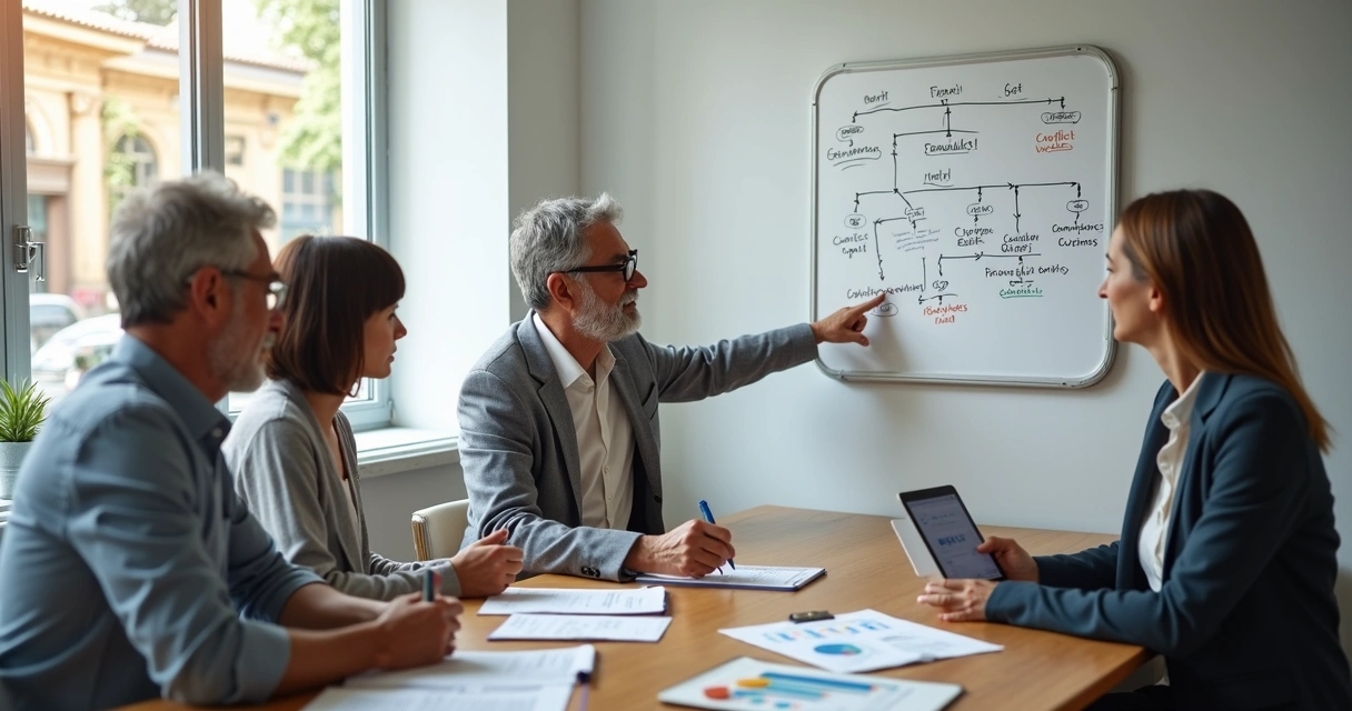 Reunião em pequena empresa com gerações diferentes analisando padrões em quadro branco 