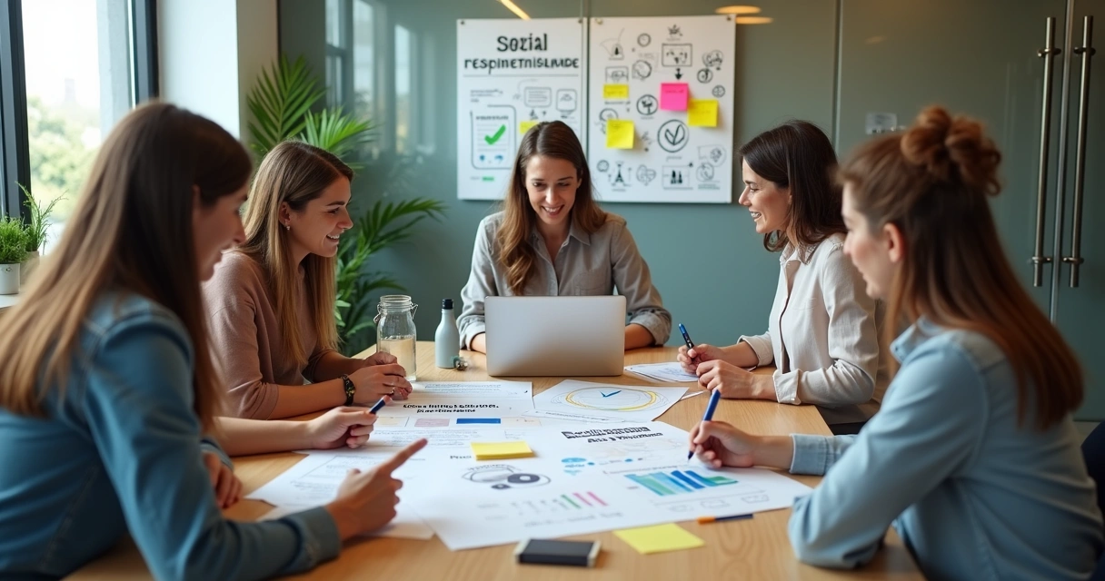 Equipe de pequena empresa em reunião planejando ações de responsabilidade social 