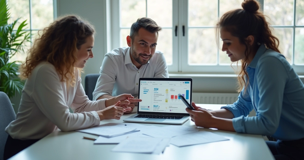 Pequena equipe de vendas analisando contatos e próximos passos