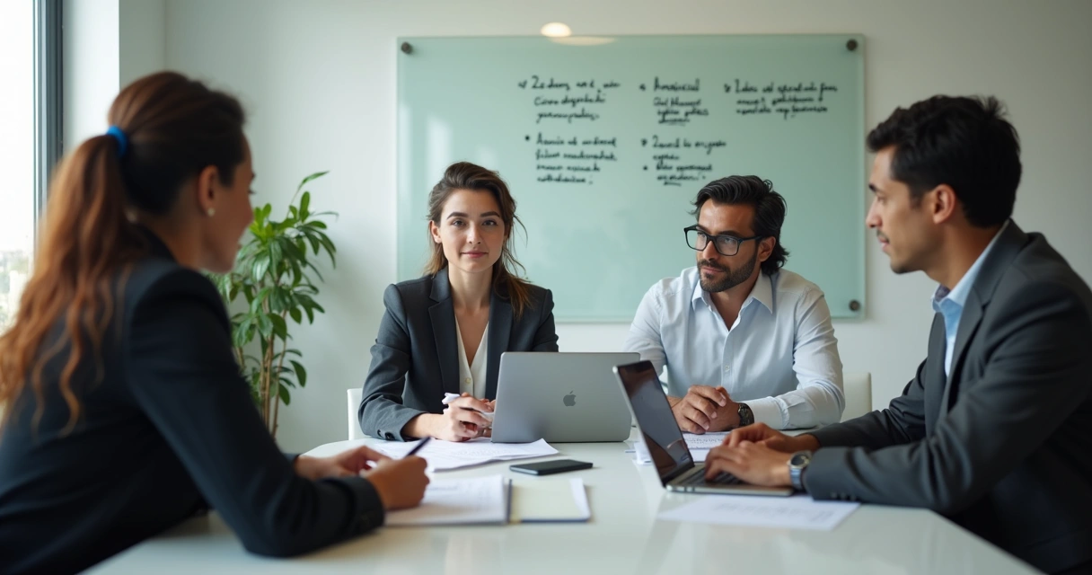 Pequena equipe de vendas revisando contatos e tarefas em reunião 