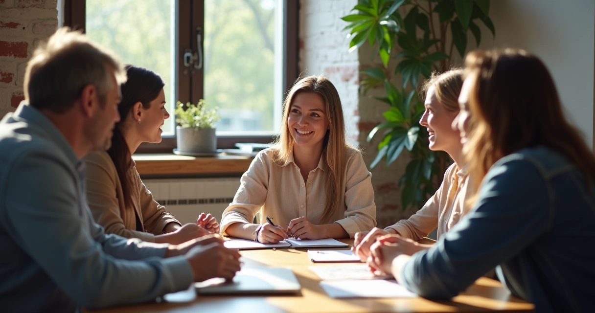 Reunião pequena com líder sorrindo para a equipe, clima acolhedor 