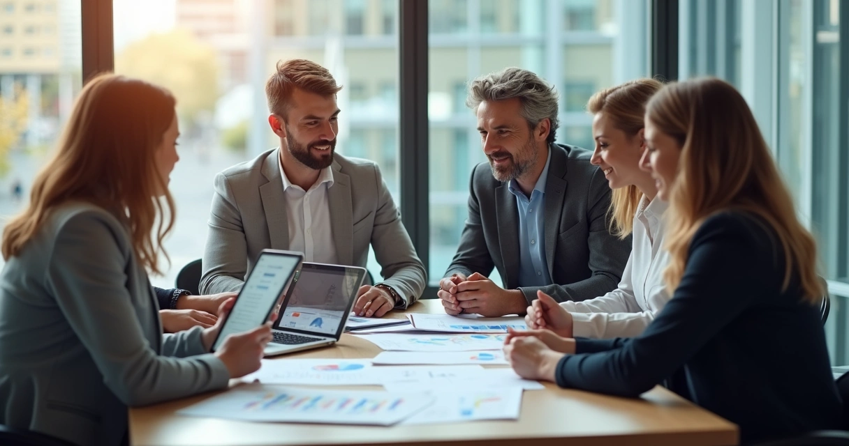 Equipe comercial de pequena empresa em reunião de vendas semanal