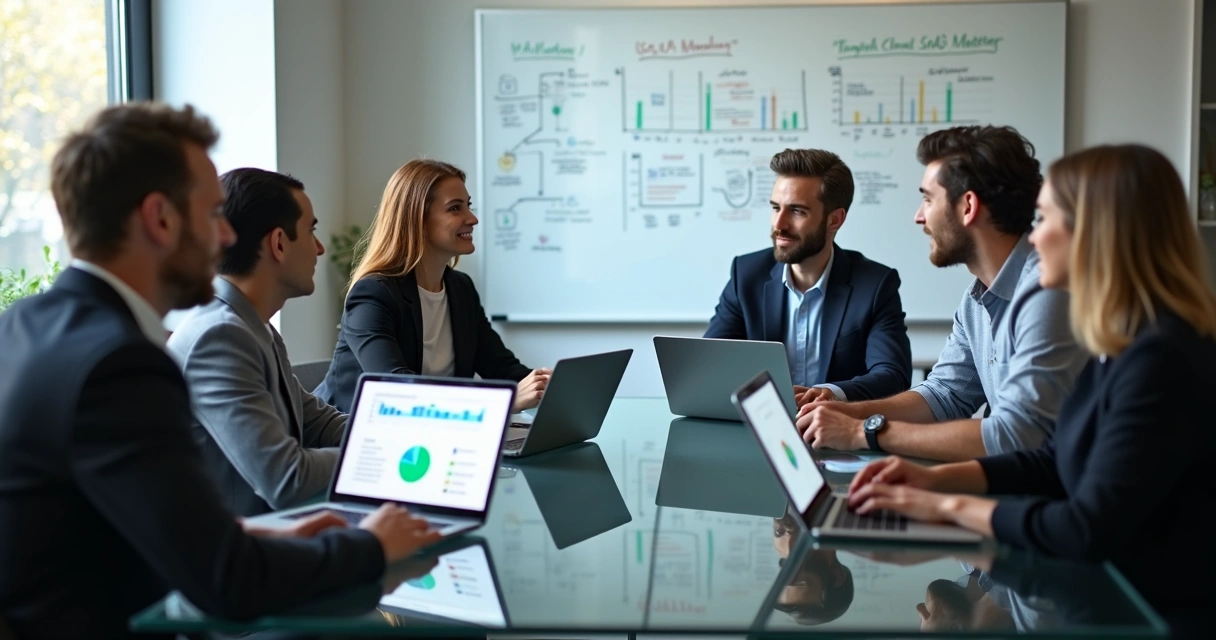 Pequena equipe em reunião analisando plataforma SaaS em computadores