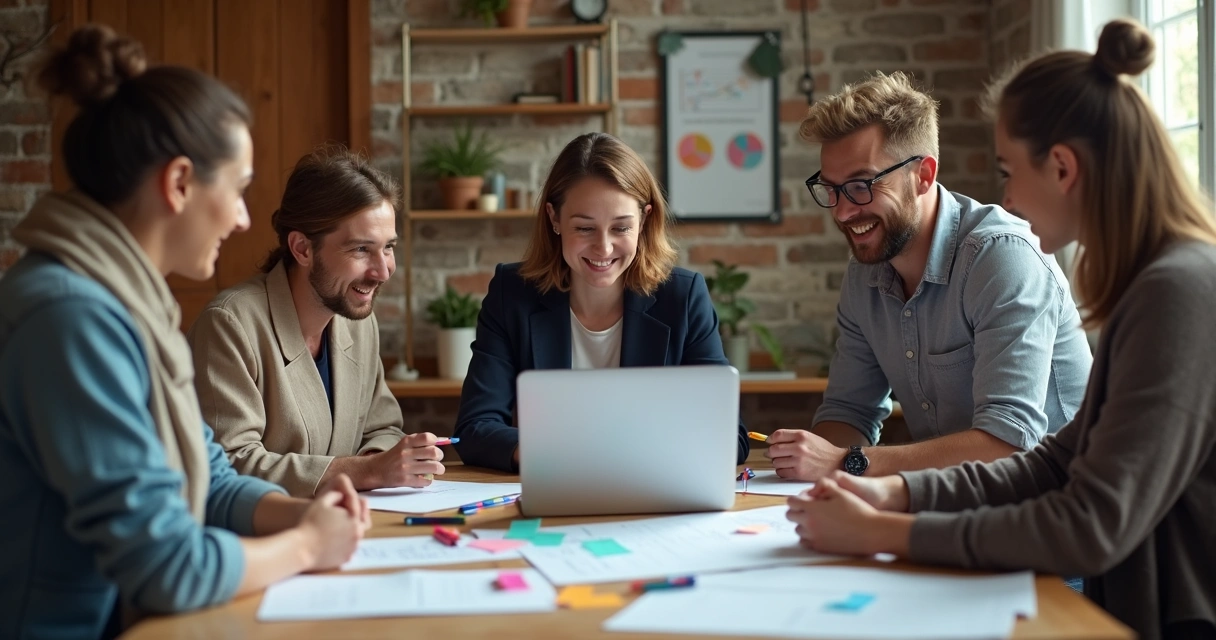 Pequeno time reunido em volta de um notebook discutindo metas 
