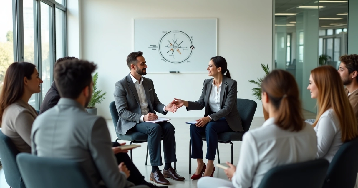 Equipe sentada em círculo em sala corporativa fazendo gesto de reconciliação 