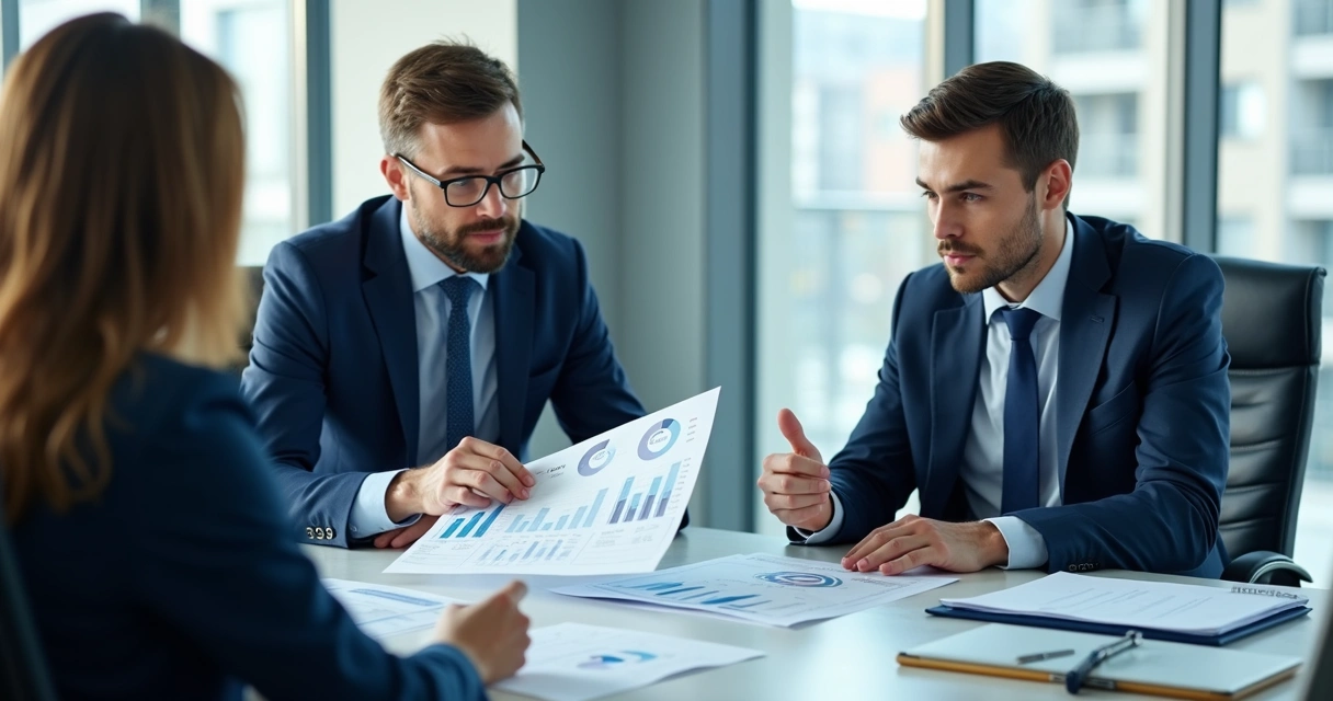 Reunião técnica com planilhas de condomínio e gráficos financeiros