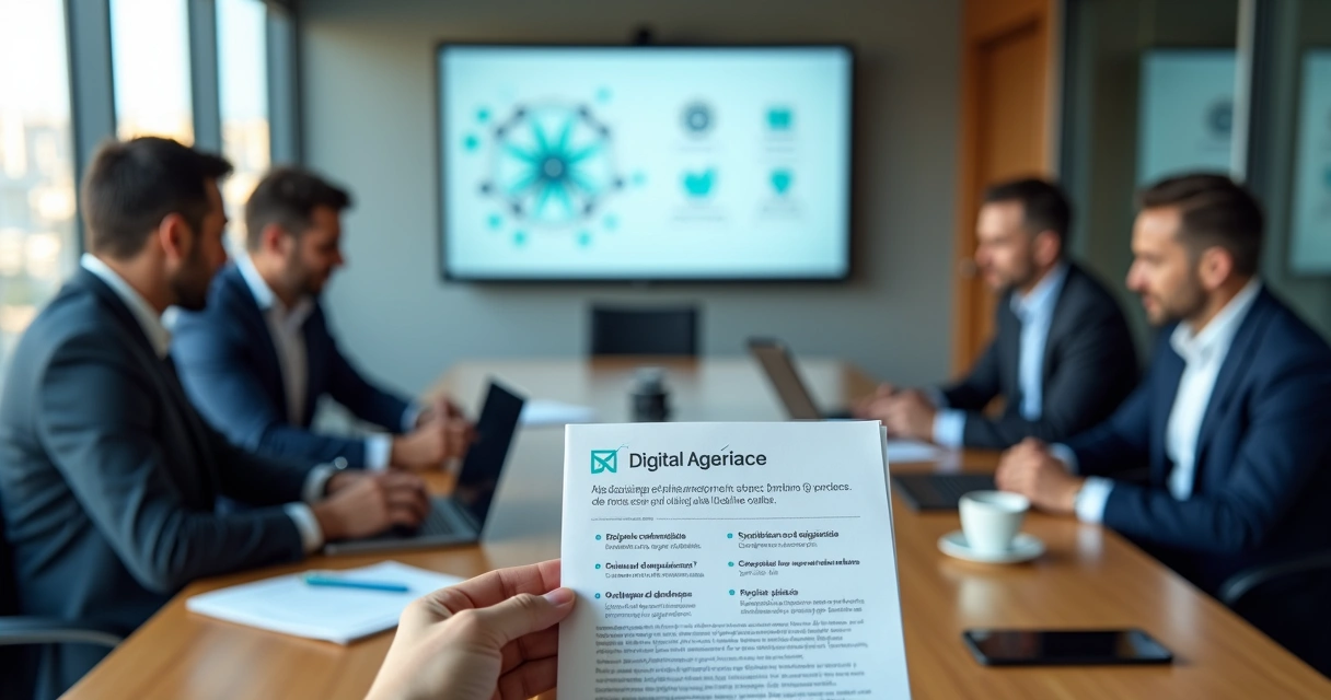 Reunião entre perito digital e executivos avaliando proposta técnica na sala de reunião 