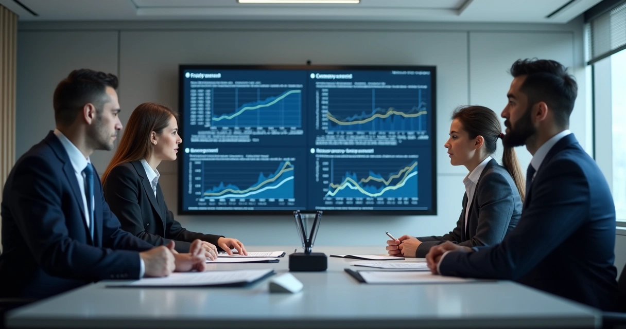 Reunião técnica com gráficos financeiros e documentos societários