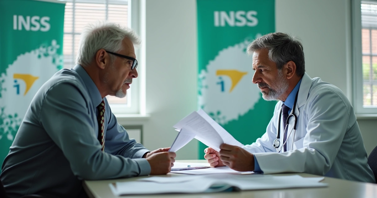 Reunião entre perito do INSS e segurado durante perícia 