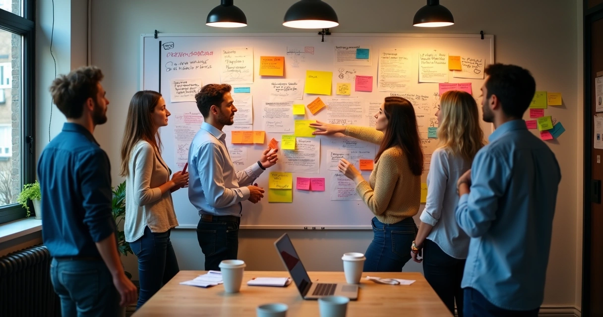 Equipe reunida em torno de mural com personas e post-its coloridos 