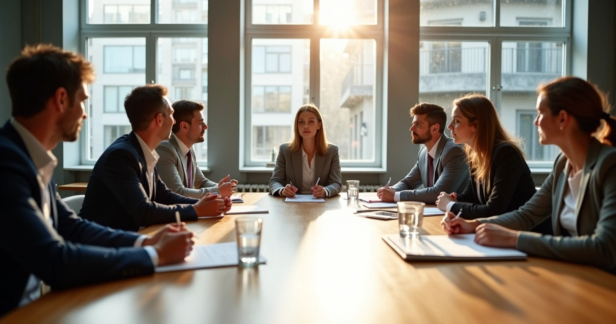 Grupo de pessoas sentadas ao redor de uma mesa em reunião, todos atentos e olhando para quem está falando 